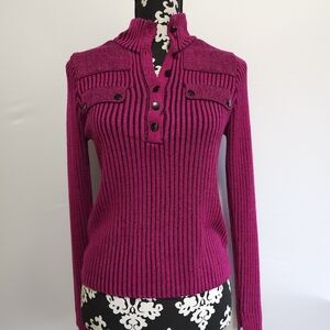 Rebecca Minkoff Magenta Ribbed 3/4 Button Up Sweater